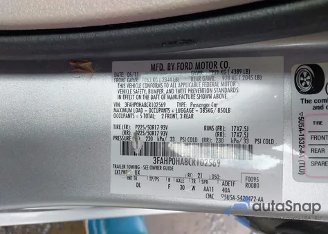 2012 Ford Fusion Se из США, поврежденный, VIN 3FAHP0HA8CR102569